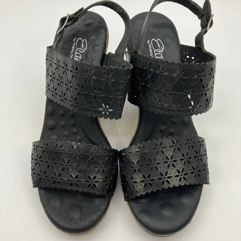 Walking Cradles Sandals 9 W Black Leather Cork Wedge Slingback Shoes Ankle Strap